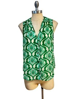 CAbi Green Scroll Sleeveless Blouse Top Small NWOT